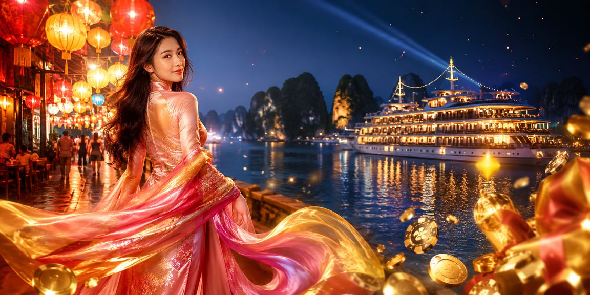 Người phụ nữ mặc áo dài trải nghiệm giải trí casino tại vịnh Hạ Long về đêm